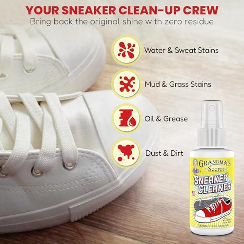 Image of Grandma's Secret Shoe Cleaner - Stain Remover Spray for Rubber, Canvas and Leather - Removes Dirt, Grime and Grass - Sneakers Cleaner for Outdoor Shoes, Slippers and Moccasins - 3 Ounce