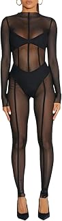 magorange Women Sexy Mesh Sheer See Through Bodycon Jumpsuits Long Sleeve One Piece Romper Club Outfits