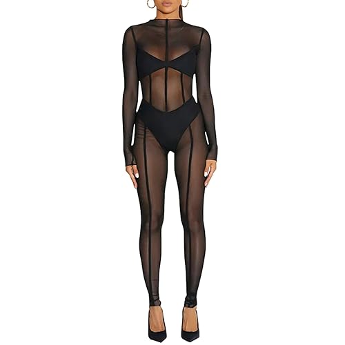 magorange Women Sexy Mesh Sheer See Through Bodycon Jumpsuits Long Sleeve One Piece Romper Club Outfits - Large - Black