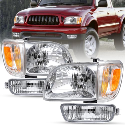 SOCKIR Headlight Assembly fit for 2001-2004 Toyota Tacoma with Bumper Light Driver and Passenger Side (Chrome Housing with Amber Reflector)