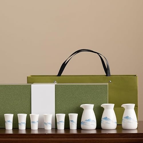 MsiDtsoy 酒器セット 磁器製 白磁の手描き風山水柄 ギフト箱付 お猪口20ml 酒壺115ml 白酒・焼酎・日本酒に 来客・贈答用 (B, 3)