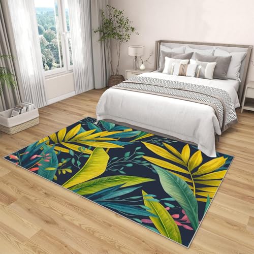 Tapis de salon antidérapant à poil ras doux motif feuilles de jungle - 4