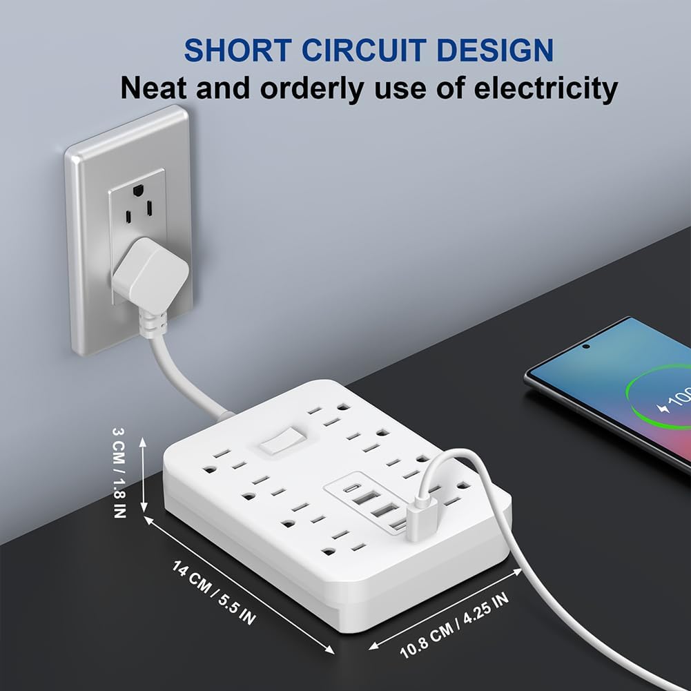 Power Strip with 1700J Surge Protector, Flat Plug Extension Cord with Multiple Outlets, 8 AC, 3 USB A & 1 USB C Port for 12W, Mini Extension Cord for Home, Office, Dorm Essential - US,White