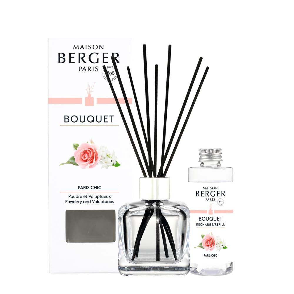 Maison Berger Clear Paris Chic Glass Reed Diffuser Scented Bouquet – 6 Black Reed Sticks With 100 Ml Fragrance Refill – Made In France