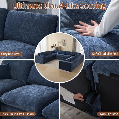 Image of 146''Cloud Boneless Sectional Couch, Modular Sectional Sofa Deep Seat, Oversized Upholstered Convertible Comfy 8 Seater Chenille Memory Foam Sofa U Shape Couches for Living Room, Navy