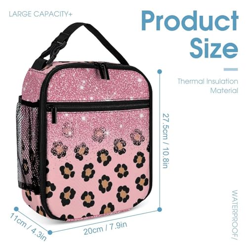 Backpack with Lunch Box & Cosmetic Bag Set Pink Glitter Sparkles Cheetah Leopard Print Bookbag Daypack Set Backpack with Lunch Bag Storage Bags4