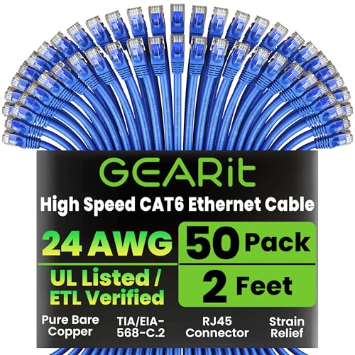 GEARit Cat 6 Ethernet Cable Pack - 50-Pack 2 ft Cat6 Ethernet Patch Cables | RJ45 Network Patch Cable, 10 Gbps Snagless Gold-Plated Connectors - Ethernet Cable Cat 6 for PC, TV, Router - Blue