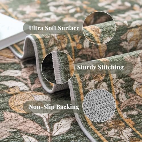 TOPICK Floral Washable Area Rug 90x150cm Entryway Rug Vintage Lightweight Soft Non-Slip Indoor Floor Low Pile Distressed Orange Green Carpet for Living Room Kitchen Bedroom Entrance Nursery - Image 8