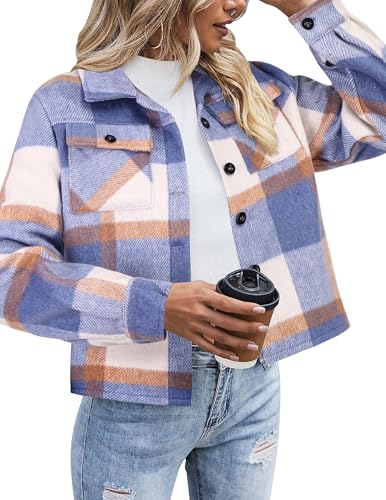 Image of Zeagoo Cropped Jacket Womens Flannel Wool Blend Plaid Button Down Shirt Fashion Winter Shacket Coat Tops