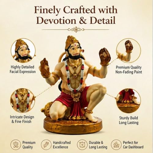 Image of UNOVATE Hanuman Idol for Car Dashboard | Bhajan Hanuman Murti for Home, Office Desk - Hanuman Murti for Pooja, Temple Showpiece, Decoration, Festivals and Gifting