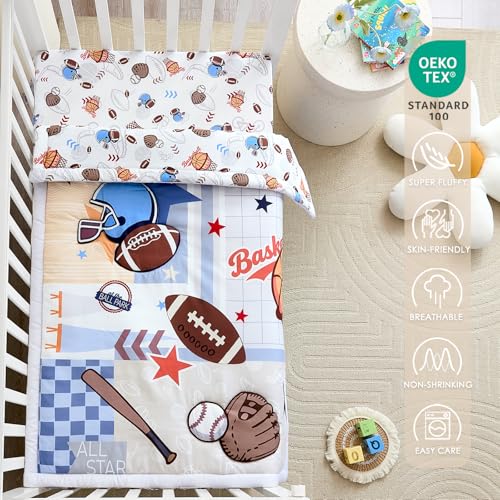 Image of 3-Piece Crib Bedding Set for Boys - Soft & Skin Friendly Baby Bedding Set Includes Crib Comforter, Sheet & Crib Skirt (Sports)