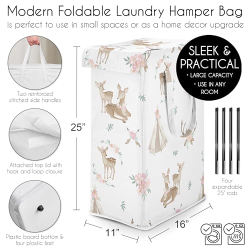 Sweet Jojo Designs Woodland Deer Floral Girl Laundry Hamper Foldable Dirty Clothes Basket with Handles Baby Nursery Kids Bedroom Teen Bathroom Pink Green Boho Watercolor Bohemian Forest Animals Shabby by Sweet Jojo Designs - Used condition - Image 5