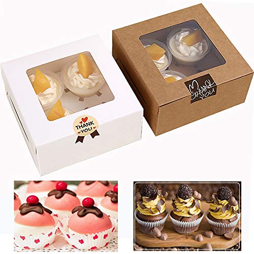 Chilly Cupcake Boxes Cupcake Containers Carriers Bakery Cake Box with Stickers and Window, 5 Kraft and 5 White, Pack of 10 (4 Holders)