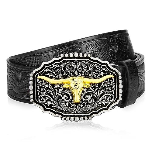 Image of Mens Western Cowboy Cowgirl Faux Leather Belt Longhorn Bull Pattern Letter Big Buckle Embossed Floral Belts