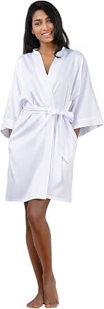 SIORO Womens Satin Robe, Short Bathrobe with V-Neck, 3/4 Sleeves Robe for Bride & Bridesmaids, Wedding Party Sleepwear