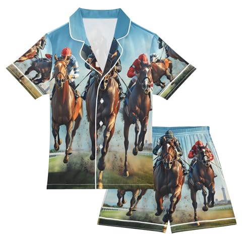 ALAZA Horse Racing Stylish Satin Pajamas Set Short Sleeve Button Down Sleepwear Summer Pjs 2 Piece
