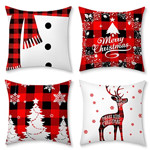 Living&Giving Christmas Pillow Covers 18X18 Set Of 4 Throw Pillow Covers For Merry Christmas Decorations Farmhouse, Black And Red Plaid Christmas Pillow Case For Sofa Couch Bed Home Decor #TOP17