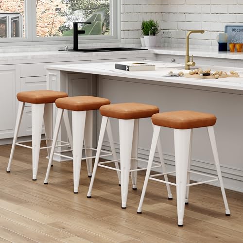 Image of Yongchuang Backless Bar Stools Set of 4, 24 inch Brown PU Leather Barstools | Modern Farmhouse Upholstered Bar Height Stools with White Metal Legs for Kitchen Island, Dining Room, Home Bar