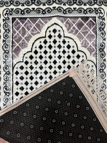 Image of Janamaz Prayer Mat Turkey Soft Velvet | Namaz Mat, Janimaz Namaz Aasan, Islamic Prayer Rug for Salah | 70x110 CM (Printed White6)