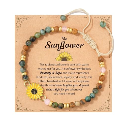 XFSRG Pulsera Mujer Pulseras de Piedra Natural de 4MM Pulsera Boho con cordón ajustable tarjeta motivacional para bienestar