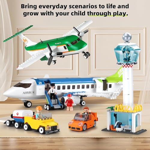 Image of Airport Building Blocks Playset, 731+ PCS Aviation Construction Kit with Pull-Back Luggage Van, Compatible with Major Brands, Safe & Durable, 12-Month Warranty