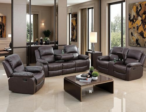 Toseslo Manual Reclining Couch Sofa Set with Drop-Down Table, 3 Pieces Brown Leather Recliner Couch Sets, Living Room Furniture Sets, Recliner Sofa with Storage Console/Cup Holder for Home/Apartment