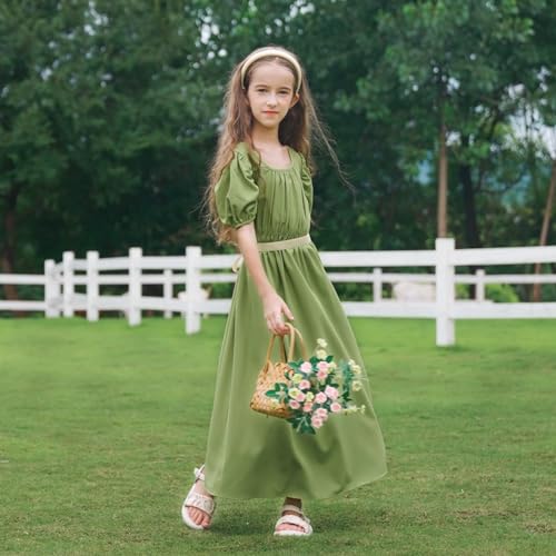 Girls Regency Victorian Dress, Short Puff Sleeve Long Summer Dress With Satin Sash, 10-14Y4