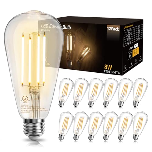 DAYBETTER 12 Pack Vintage LED Edison Bulbs E26 Dimmable LED Bulb 60 watt Equivalent ST58 Antique Filament Light Bulbs with Warm White 2700K Brightness 8W 800LM 80+ CRI