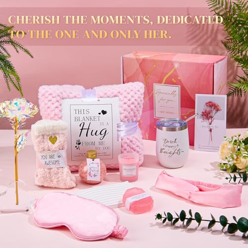 Mothers Day Birthday Gifts for Women Self Care Gift Get Well Soon Gifts, Rose Relaxing SPA Gift Basket Care Package, Luxury Flannel Blanket Mother's Day Gift for Mom Her Wife Grandma Daughter Pink
