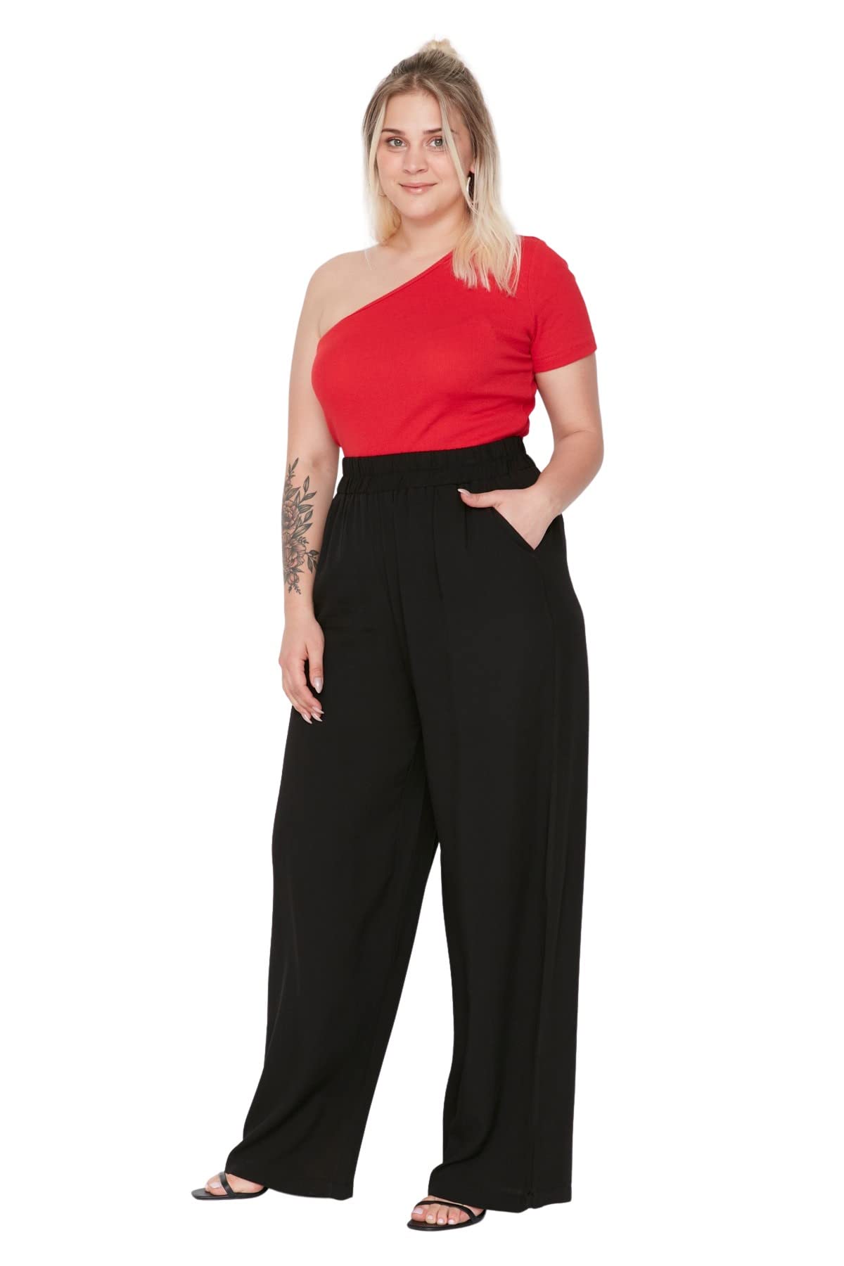 Trendyol Damen Schwarz Women Plus Size Normal Waist Wide Leg Plus Size Pants Black
