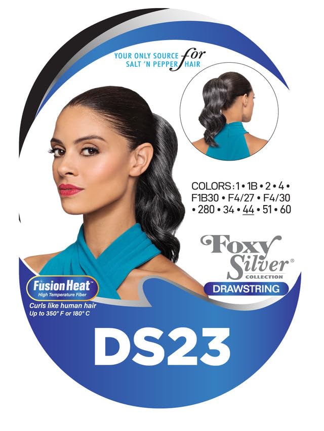 10" Length Drawstring Wavy Ponytail DS23 Color 44 - (2 Pack) Elegant Waves Hairpiece Fusion Heat Friendly Synthetic Fiber Womens Lightweight Black Women Foxy Silver Bundle Hairloss Booklet
