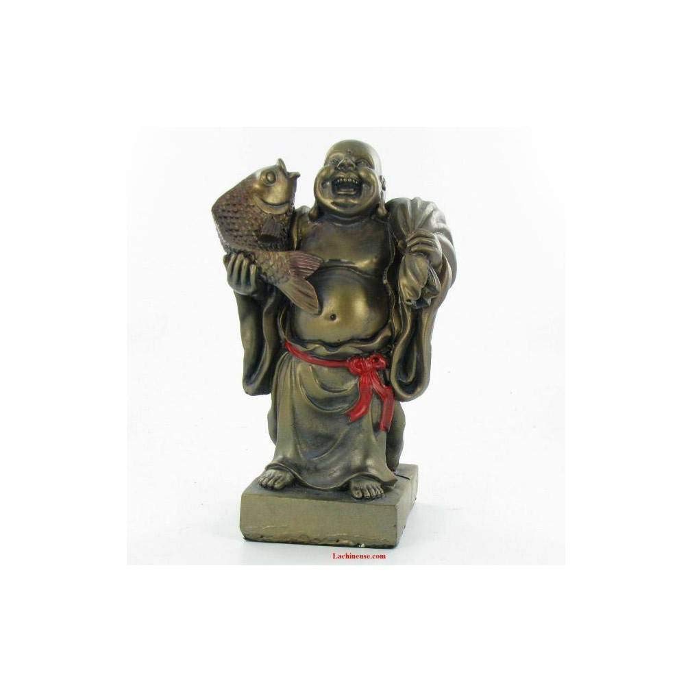 lachineuse - Laughing Buddha Statue Fish & Abundance - Bronze Buddha Statue 12.5 cm - Feng Shui Decoration - Chinese Zen Decorative Object for Indoor Use - China Asia Lucky Gift Idea