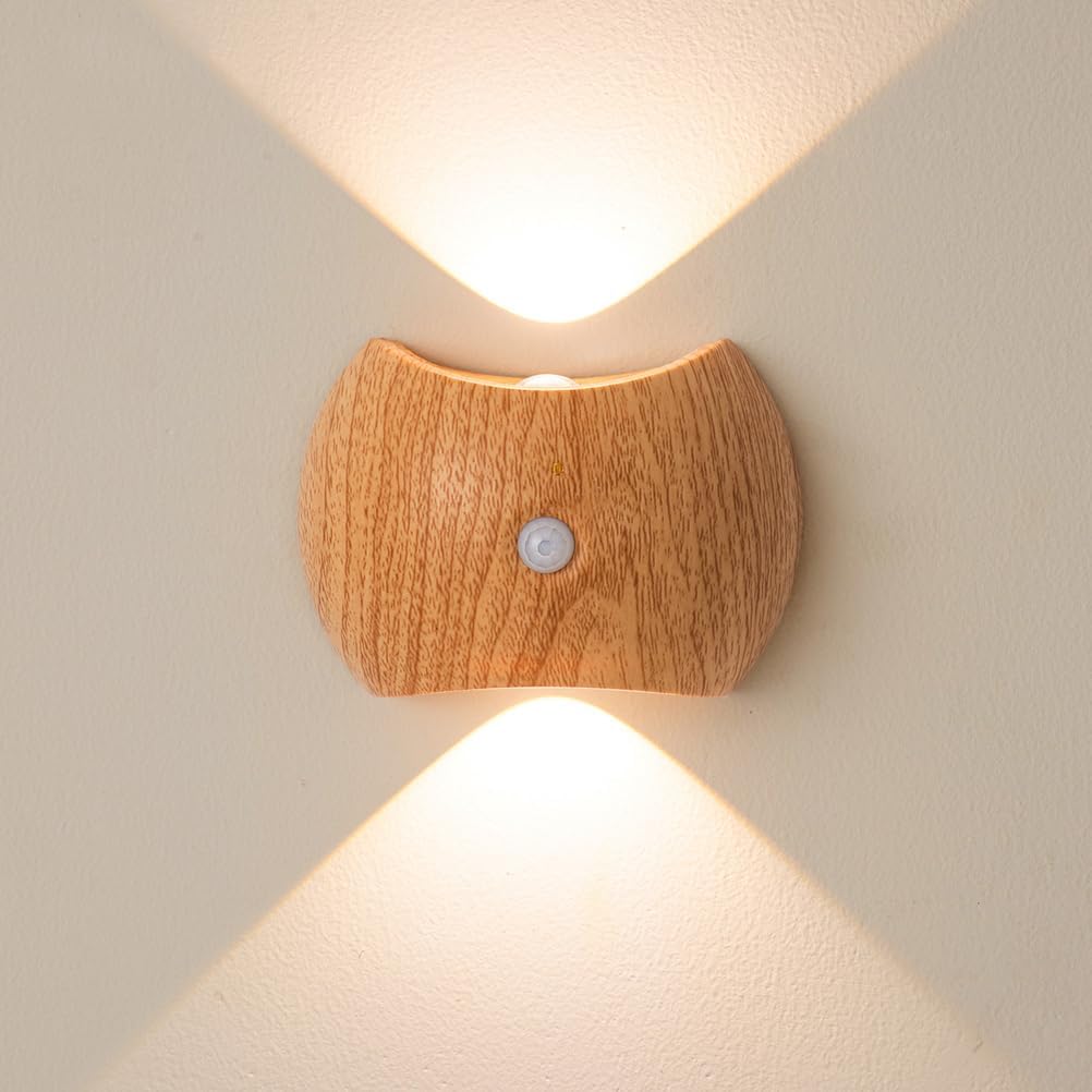 Wallps,Wood Color Rechargeable Wall Light with Motion Sensor, Indoor Led Wallp Wireless 3 Color Temperatures up down Light Usb Rechargeable Wall Sconce Lights for Stairs Hallway Liviroom Bedroom