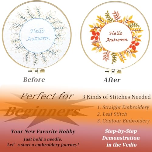 Image of FONNUY Embroidery Kit for Beginners，Plants Flowers Pre-Stamped Pattern Kits for Adults with Hoop (Hello Autumn)