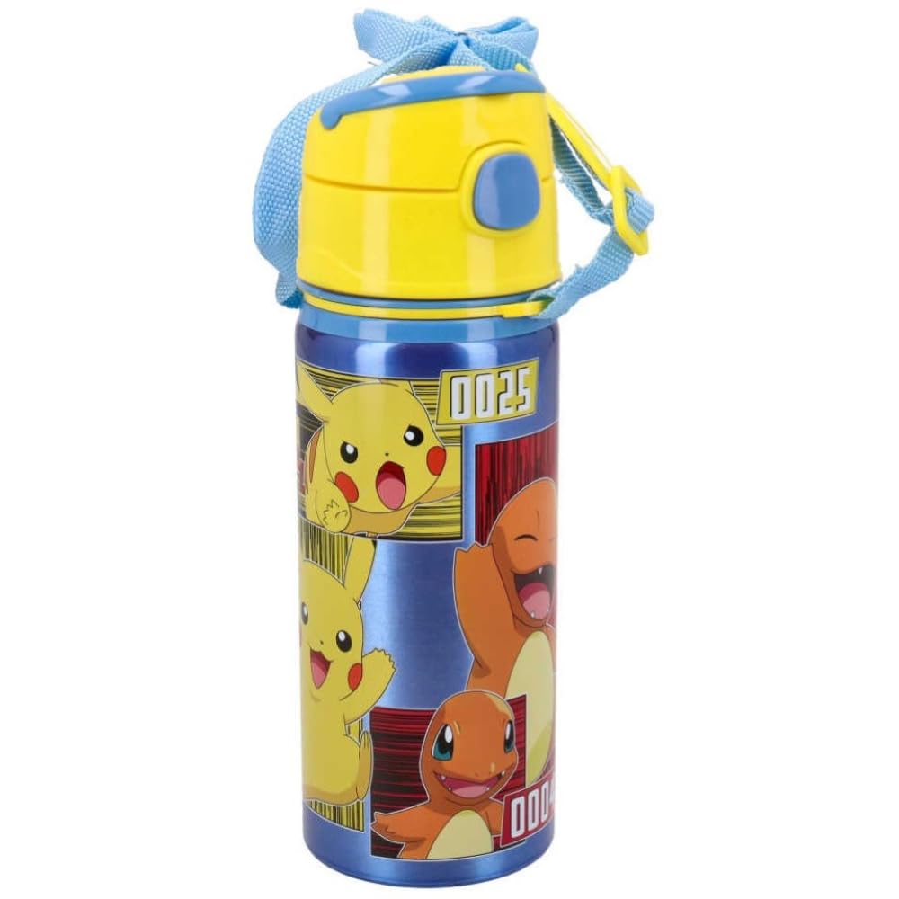 Botella de aluminio con pajita 600 ml botella con apertura automática para niños (Pokémon)