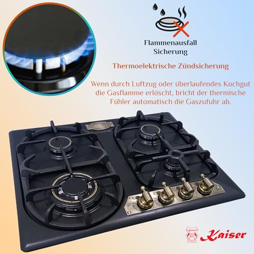 Foto von Kaiser Empire Einbau Gasherd KG 6325 Em Turbo Exklusives Gas Kochfeld 60cm Autark Schwarz, mit 4 hochwertigen Brennern inklusive leistungsstarkem WOK Brenner (3,8 kW) | Erdgas und Propangas