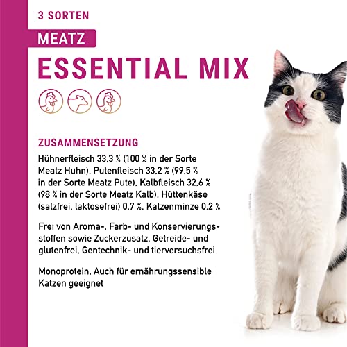 catz finefood Meatz Katzen Leckerlies Essential Mix - knusprige Streifen aus den beliebtesten Fleischsorten - Katzensnack für Allergiker ohne Zucker, getreidefrei (1 x 45 g) (Packung mit 2)