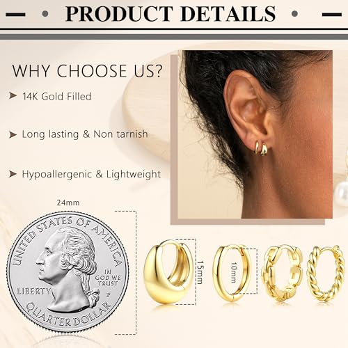 6 Pairs 14K Gold Plated Hoop Earrings for Women Trendy Chunky Hoop Earrings Stack Multipack Huggie Hoops Pearl Chain Dangle Gold Hoop Earrings Set4