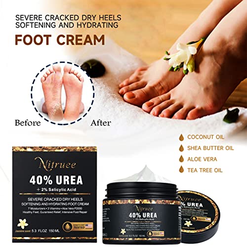 Nitruee 40% Of Highest Potency Urea Maximum Strength Foot Cream For Dry Cracked Heels,Knees,Elbows,Hands+2% Salicylic Acid,Shea Butter,Tea Tree Oil,3 Vitamins-Corn Callus Dead Skin Remover #TOP1