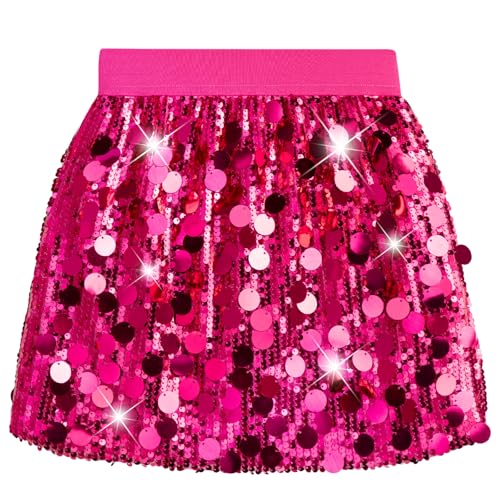 DAXIANG Girls Sequin Skirt with Shorts Girls Fashion Party Skater Shiny Skirt Hot Pink 5-6 Years
