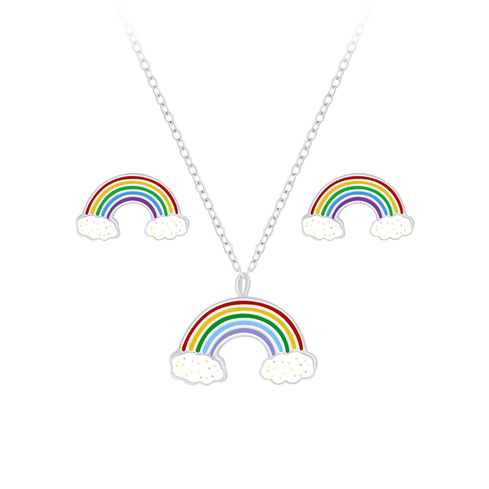 MONKIMAU - Regenbogen Kinderschmuck Set 925 Sterling Silber - Schmuckset mit Halskette und Ohrringen - Schmuckset Mädchen, Schmuck Kinder, Kinder Schmuck