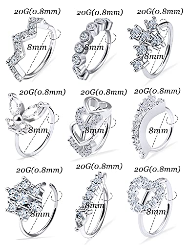Vsnnsns 20G Nose Rings Hoops for Women 316L Stainless Surgical Steel Heart Butterfly Flower Cross Cubic Zirconia Nose Rings Hoops Piercing Jewelry for Women Men 20 Gauge Silver Black Rose Gold 8MM3