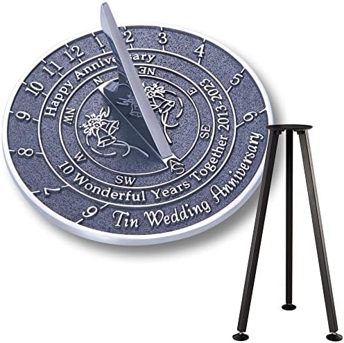 Anniversary Sundial Gift for 10th Tin Wedding Anniversary 2013-2023 with Pedestal Stand. Recycled Metal Home Decor Garden Present Idea Handmade in UK for Parents, Grandparents, Friends Or Couples
