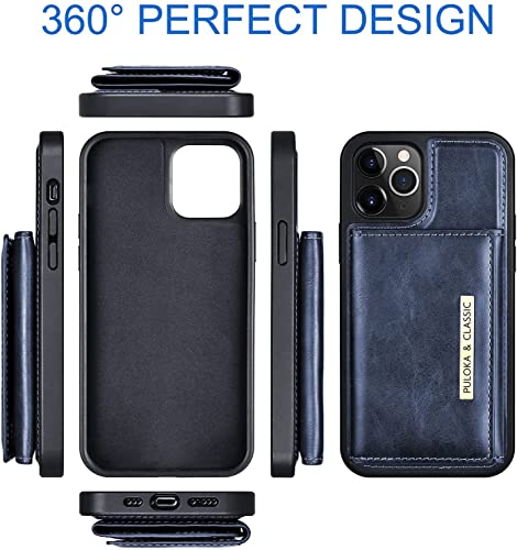 Image of PULOKA iPhone 13 PRO Pu Leather Wallet Case Cover with 5 Card or Cash Slot Magnetic Detachable 2 in 1 Removable Smart Case - Blue