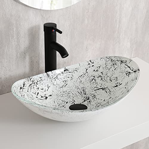 Hiomiestiy Bathroom Artistic Vessel Sink Oval Tempered Glass Vessel Sink Vanity Above Counter Top Mount Basin With Black Faucet And Pop-Up Drain Combo #TOP24