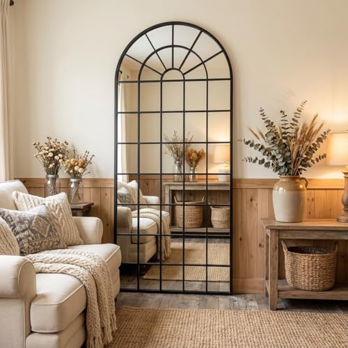 70x30Inch Large Arched Window Pane Mirror| Black Arched Mirrors for Wall & Floor | Arch Mirror Full Length for Entryway Living Room & Bedroom | Oversized Mirrors | Wall Art Decorative |Farmhouse Décor