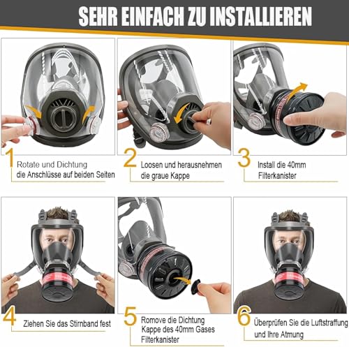 Sosvulix Wiederverwendbare Vollgesichts Gasmasken werden 40 mm Aktivkohlefilter,für Spritzlackierung, Pestizide, chemische Industrie, Formaldehyddekoration,