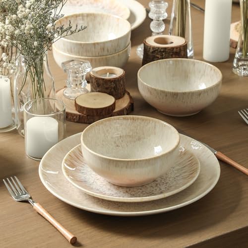 Image of Stone Lain Riley 12-Piece Dinnerware Set Stoneware, Plates and Bowls Set, Dishwasher and Microwave Safe, Dish Set for 4, Sand