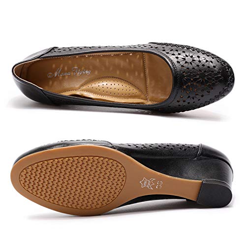 Mona Flying Women's Leather Wedges Pumps Dress Shoes Med Heel Round Toe Formal Office Shoes For Women Ladies Hollow Out #TOP3