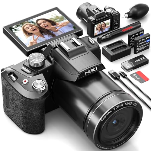 NBD 8K Digitalkamera 64MP mit Autofokus & 16X Zoom, F1.8 Nachtsicht, WiFi – Leichtes 500g Vlogging Kit inkl. 64GB Karte + 2 Akkus (Schwarz)